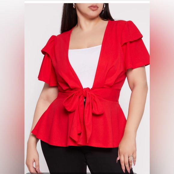NWT Blouse Tiered Sleeve Tie Front Peplum- Red  Pit to pit 24 inches. 🌹🌹 - Picture 4 of 7